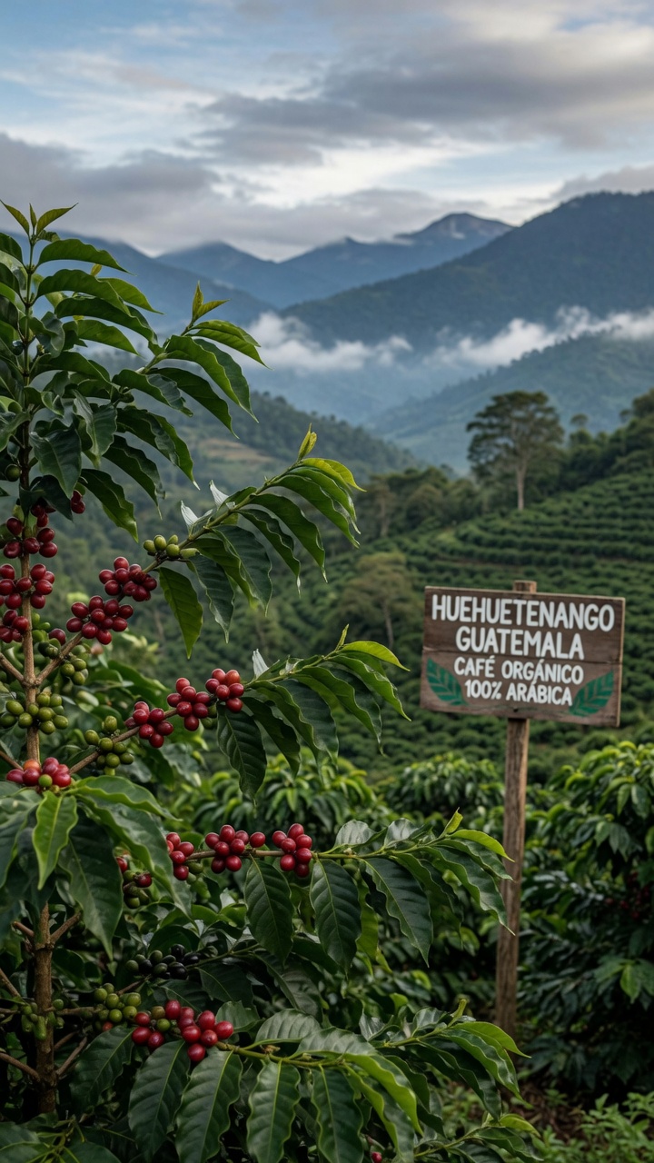 Coffee cherries ripening on the plant in the high-altitude fields of Huehuetenango, Guatemala, source of Patrona's beans